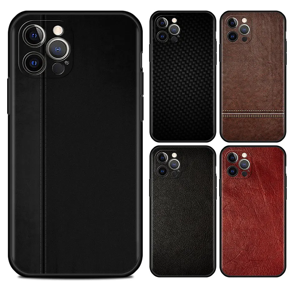 

Leather Texture Cell Phone Case For iPhone 11 13 7 8 Plus XR 12 Pro Max X 6 6s XS 12 Mini 5 SE Cover Black Soft Coque
