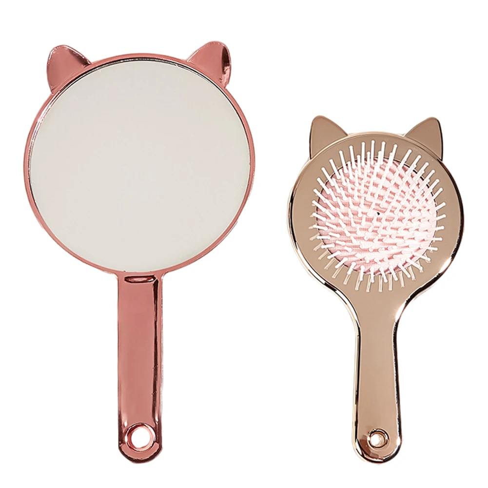 

2PCS Mirror Comb Set Cute Cat Ear Airbag Comb Makeup Mirror With Handle HairStyling Tools Hand Mirror And Comb Set Travel