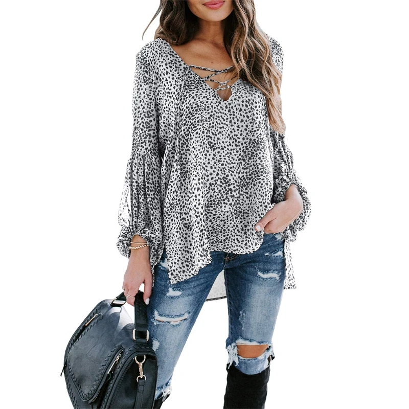 

Women Lantern Sleeve Tie-Up Chiffon Blouse Leopard Sexy V-Neck Split Tunic Tops