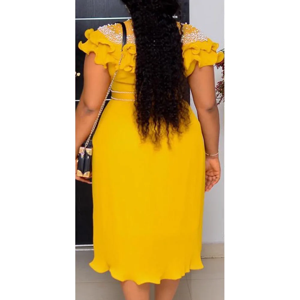 

Pure Color 2021 New African Fashion Women's Round Neck Fungus Pleated Pleated Beaded Chiffon Dress European American Summer