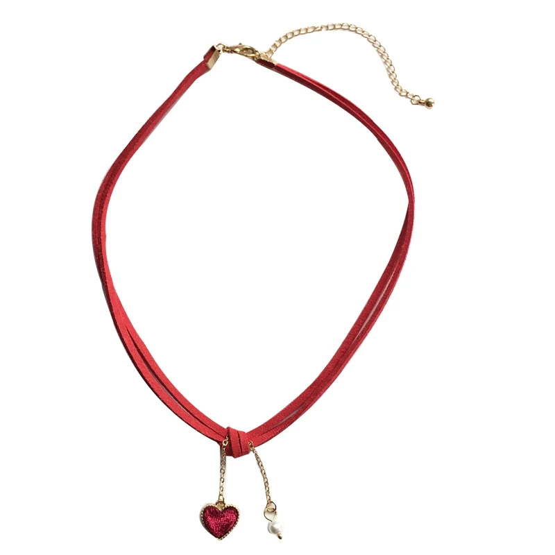 

Sweet Fashion Jewelry Red Necklace Lovely Artificial Suede Simulated Pearl Small Heart Pendant Necklace For Girl Party Gifts