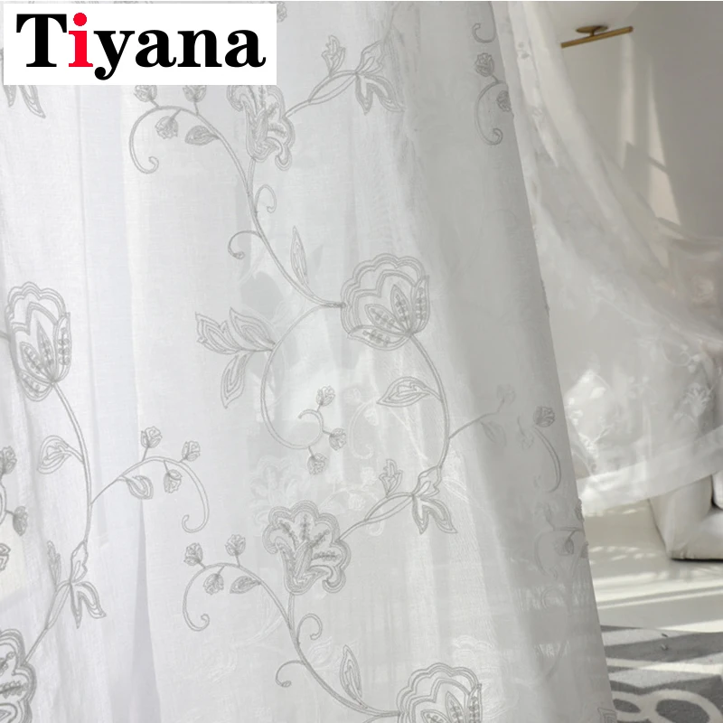 Белые прозрачные занавески с цветочным рисунком для окна гостиной кухни