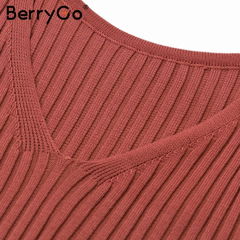 BerryGo элегантное женское вязаное платье с v-образным вырезом поясом на пуговицах