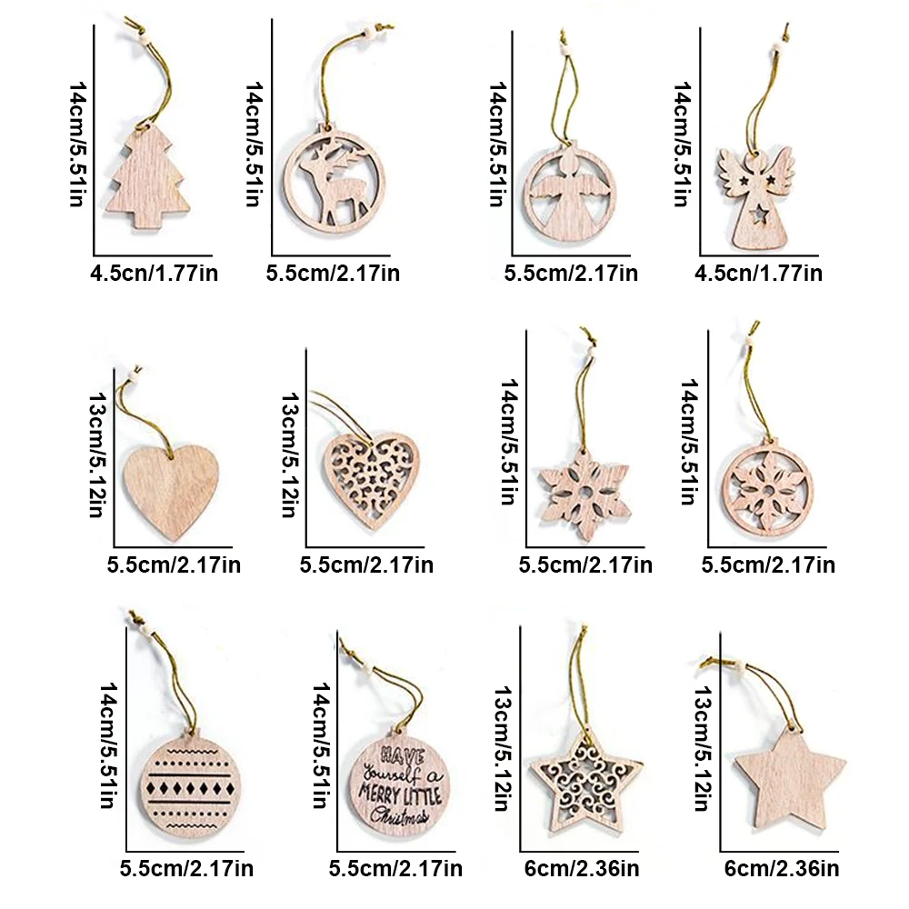 

12PCS Christmas Wooden Pendants Ornaments Decoration DIY Wood Craft Xmas Tree Ornament Kids Gift for Home New Year Party Decor