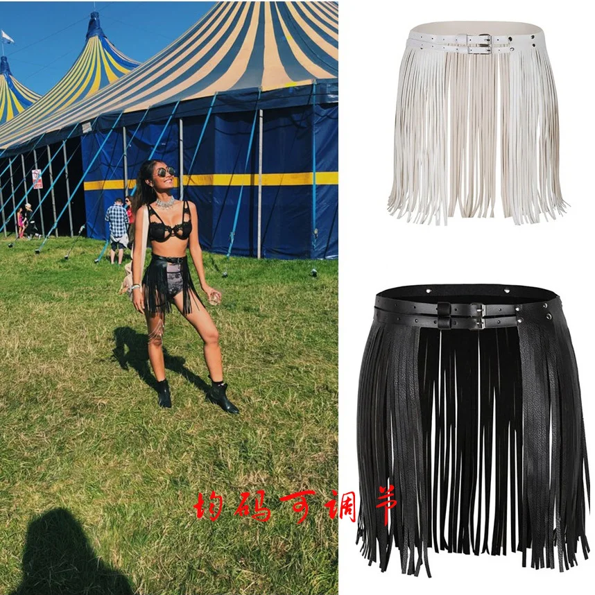 

2020 New Belts For Women PU Leather Short Long Tassel Skirt Club Party Slim Fringe Female Skirt Black Decorative Summer Dress