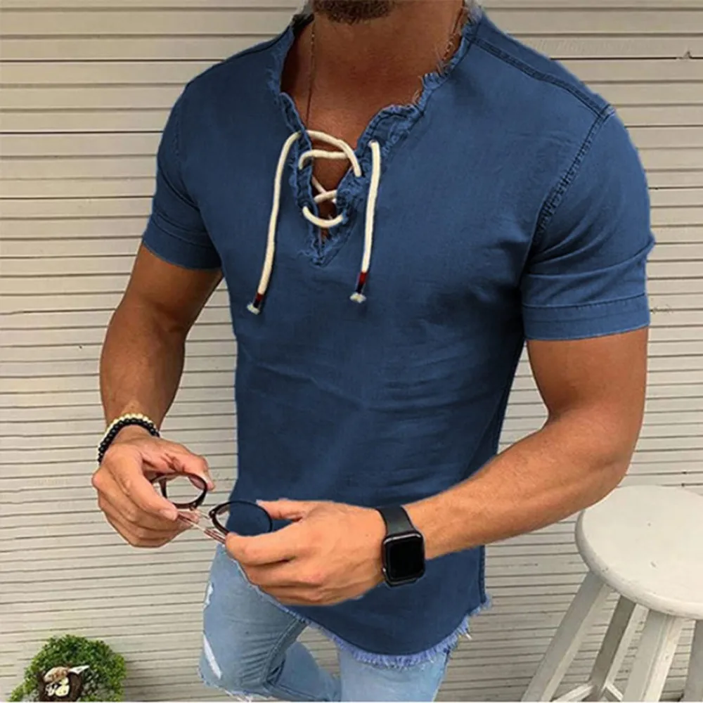 

2021 Summer Men Long Sleeve Denim V-Neck T-Shirt Casual Denim Lace Up Bandage Pullover Top Cool Fashion T Shirt For Men New Hot