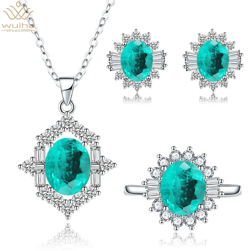 

WUIHA Vintage 100% 925 Sterling Silver Paraiba Tourmaline Created Moissanite Gemstone Ring/Earrings/Pendant/Necklace Jewelry Set