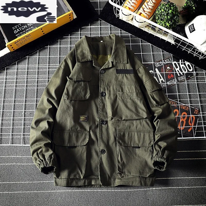 Autumn Cargo Coat Mens Vintage Pockets Loose Fit Bomber Jacket Harajuku Casual Tops Men Lapel Button Up Outerwear Oversized 5XL