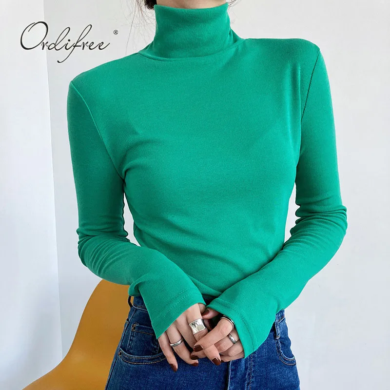 

Ordifree 2021 Autumn Winter Women Turtleneck T-shirt Long Sleeve Slim Casual Elastic Basic T Shirt Female Tshirts White Black