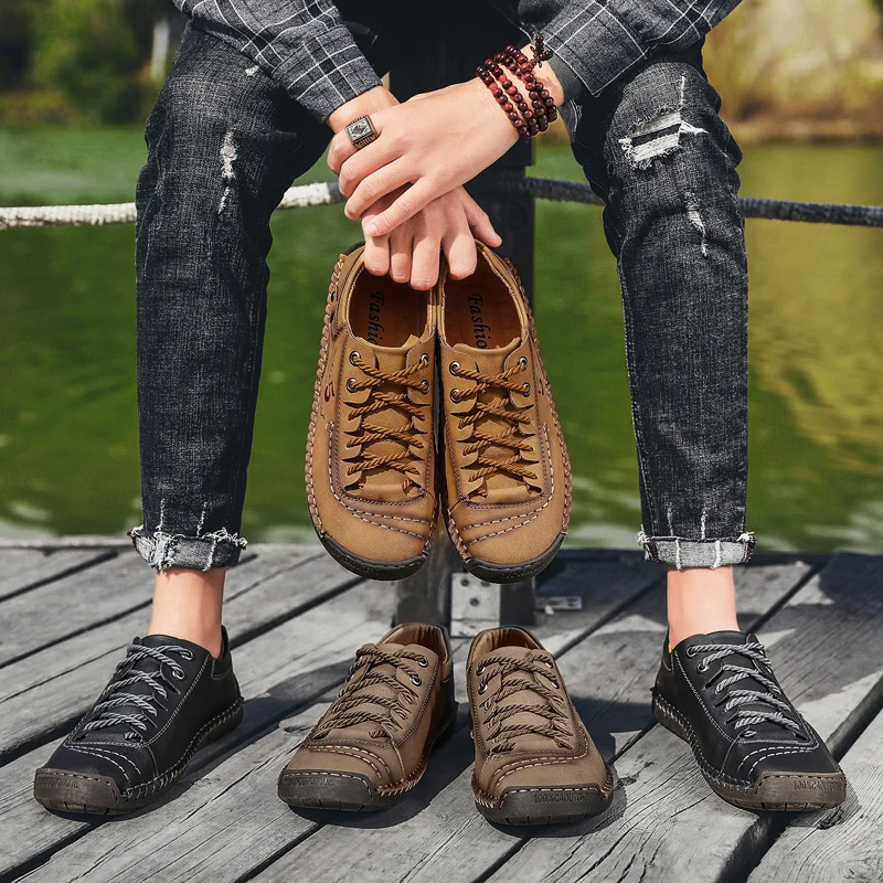 UEXIA Handmade Leather Mens Shoes Casual Luxury Brand Loafers Fashion Breathable Driving Slip on Moccasins Male Flats Footwear | Обувь