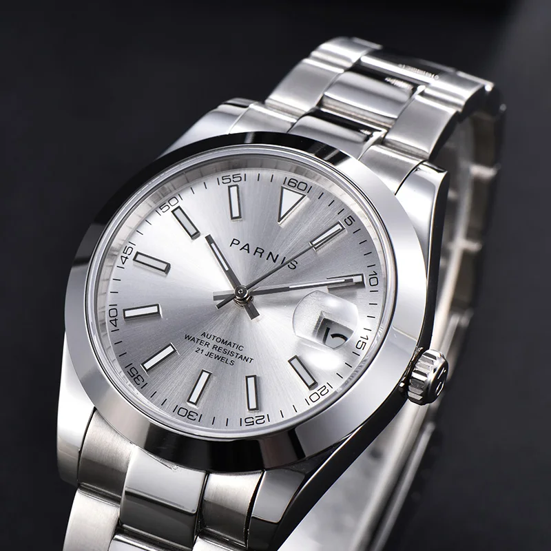 

Parnis 39.5mm White Dial Automatic Men's Watches Silver Stainless Steel Bracelet Mechanical Mens Wristwatch erkek kol saati 2020