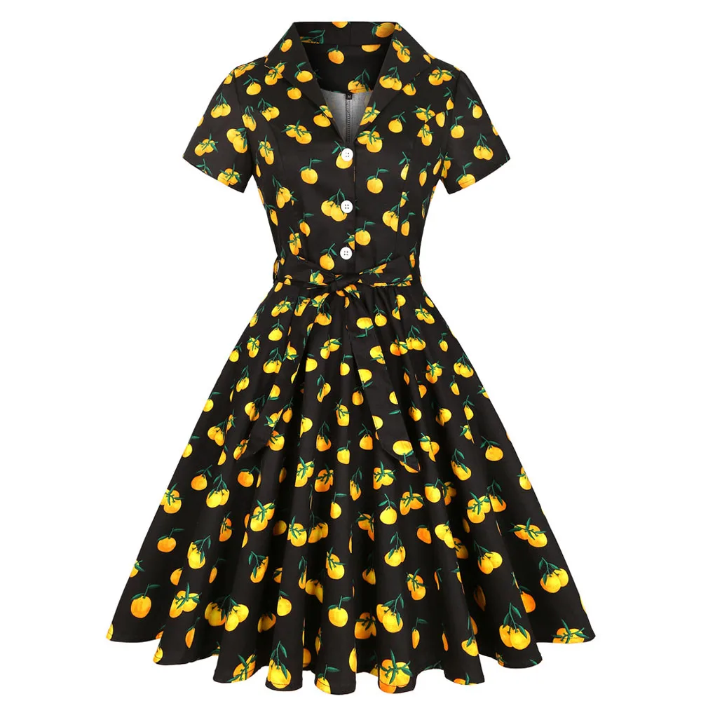 

French Romantic Women Midi Dress New Kumquat Print Casual High Waist Swing Famale Vestidos Country Retro E Girl Pleated Dresses
