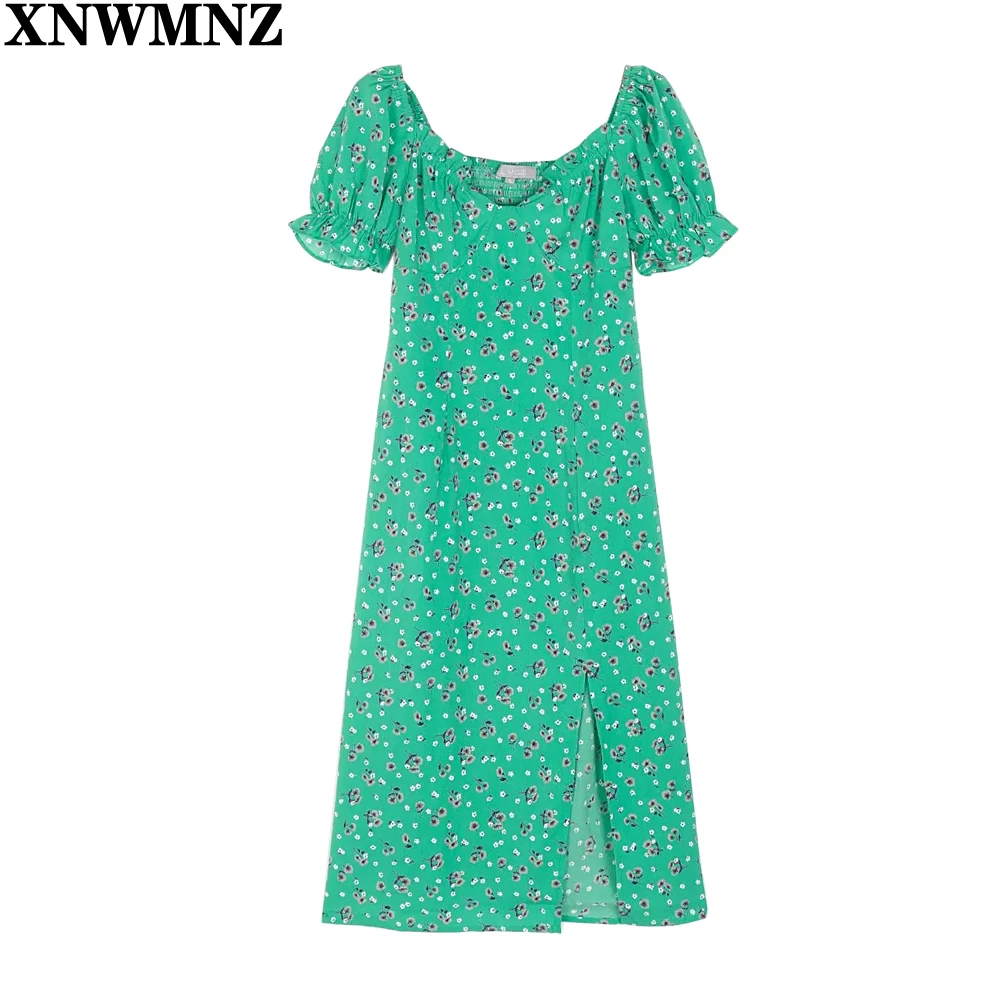 

XNWMNZ 2021 Women's Dress Vintage Women Summer Midi Dresses Elegant Green Floral Print Split Dress France Chiffon Vestidos