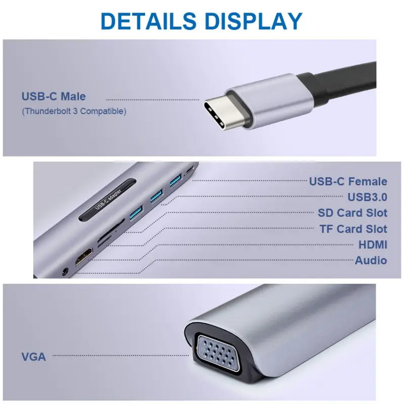 9 в 1 Thunderbolt 3 док станция USB C HUB Type c HDMI + VGA с аудио HD конвертером адаптер для Macbook Samsung