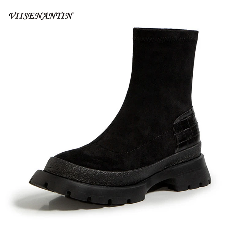 

New Platform Round Toe Short Boots Fashion Black Suede Thick Bottom Stretch Thin Boots Women All Match 2021 Bootie High Quality