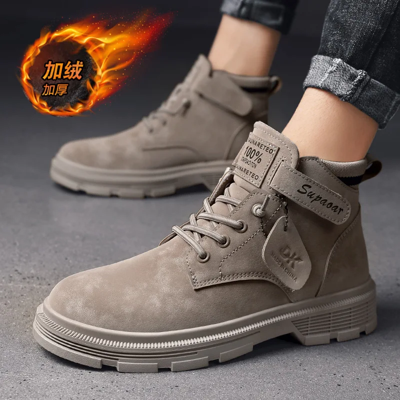 

Теплые Зимние ботильоны, мужская повседневная обувь на липучке, Осенние фетровые водонепроницаемые рабочие ботинки для инструментов, мужс...