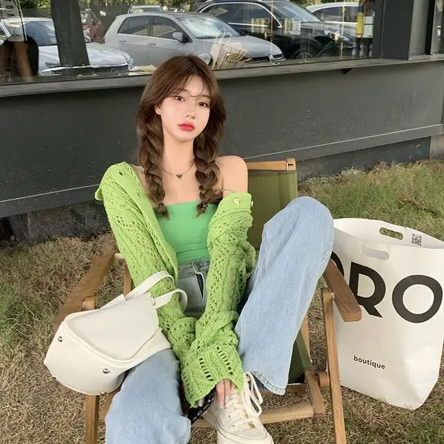 

new Green Hollow Knit Cardigan Women's Spring 2021 Short Camisole Short Top Long Sleeve Ribbed Suit
