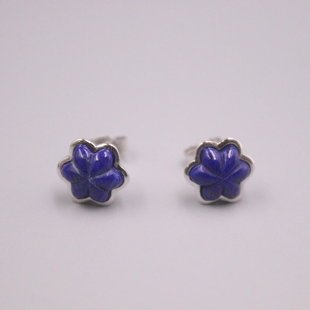 New Arrival S925 Sterling Silver Earrings Lucky Lapis Lazuli Flower Stud Earrings 17x10mm For Woman