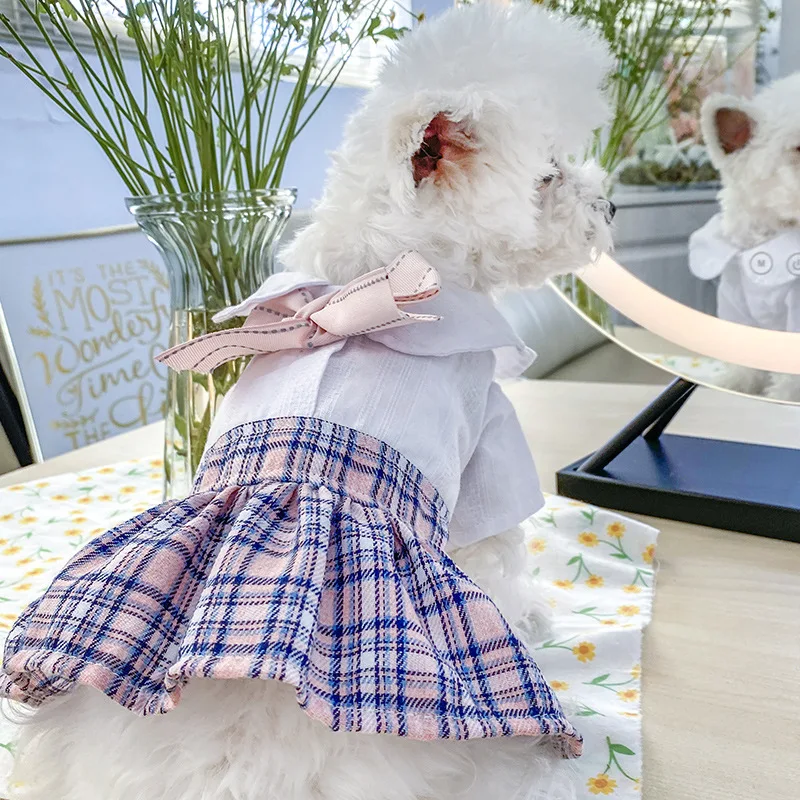 

Fashion Cute Girl Dog Dresses Plaid Bow Skirt New Small Pet Clothes Puppy Clothes Poodle Skirt
