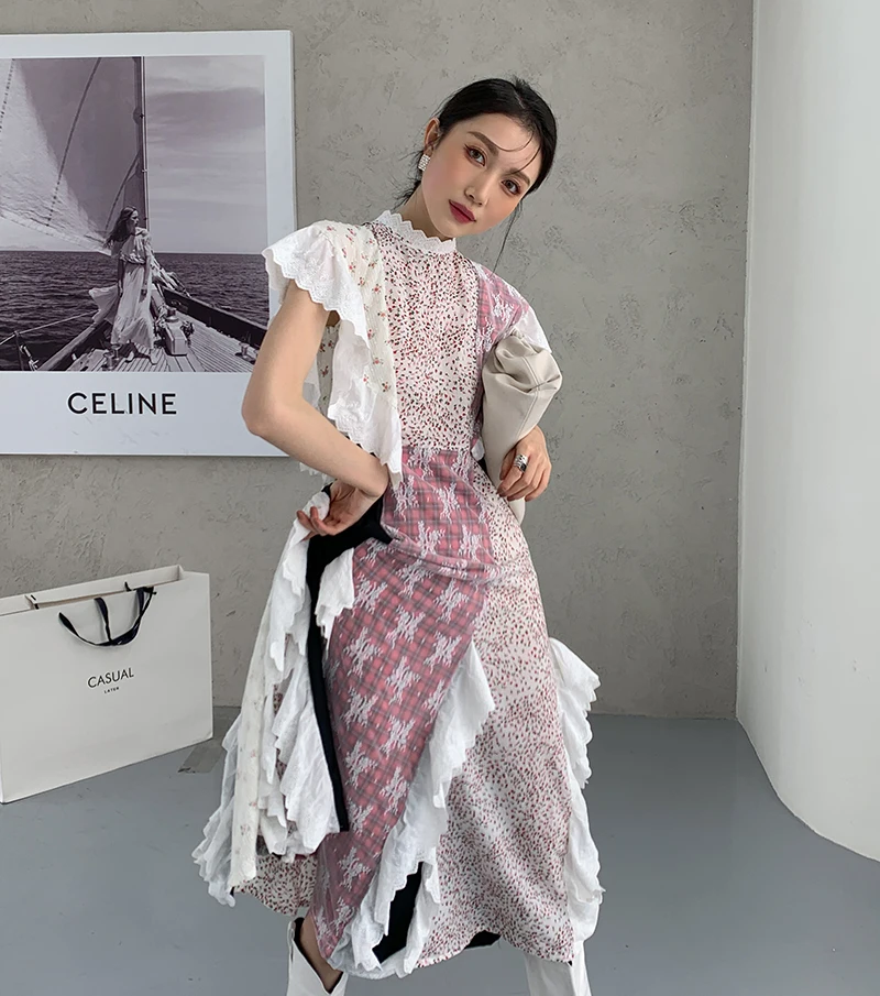 

Vintage Print Women Dress O Neck Sleeveless High Waist Hit Color Ruffles Patchwork Mid-length Dresses Sweet Fashion Streetwear