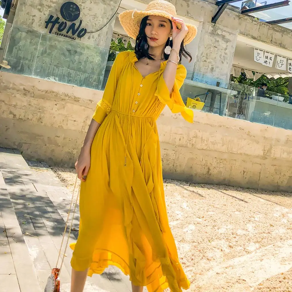 

Jastie 2020 Spring Crinkle Maxi Dress Women Bell Sleeve V-Neck Dresses Boho Layered Hem Long Beach Dress Summer Female Vestidos