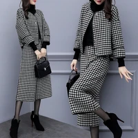 autumn and winter womens suit temperament check coat two piece 2022 new slim short ladies jacket elegant wide leg pants