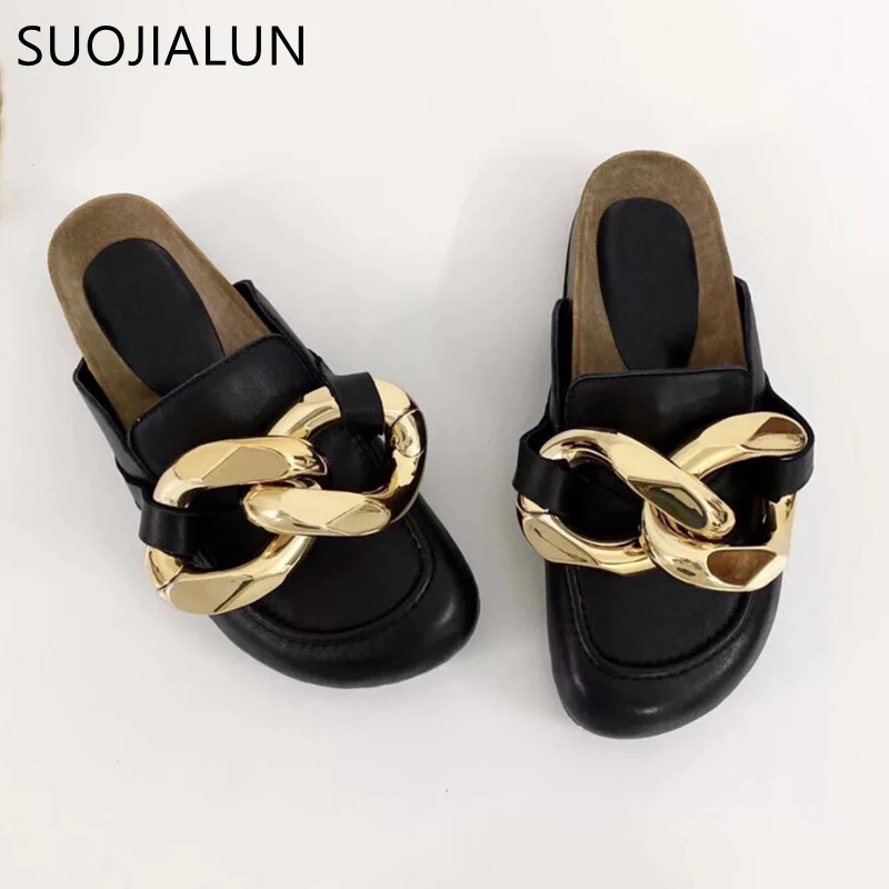 

SUOJIALUN Brand Design Women Slipper Fashion Big Gold Chain Sandals Shoes Round Toe Slip On Mules Flat Heel Casual Slides Flip F