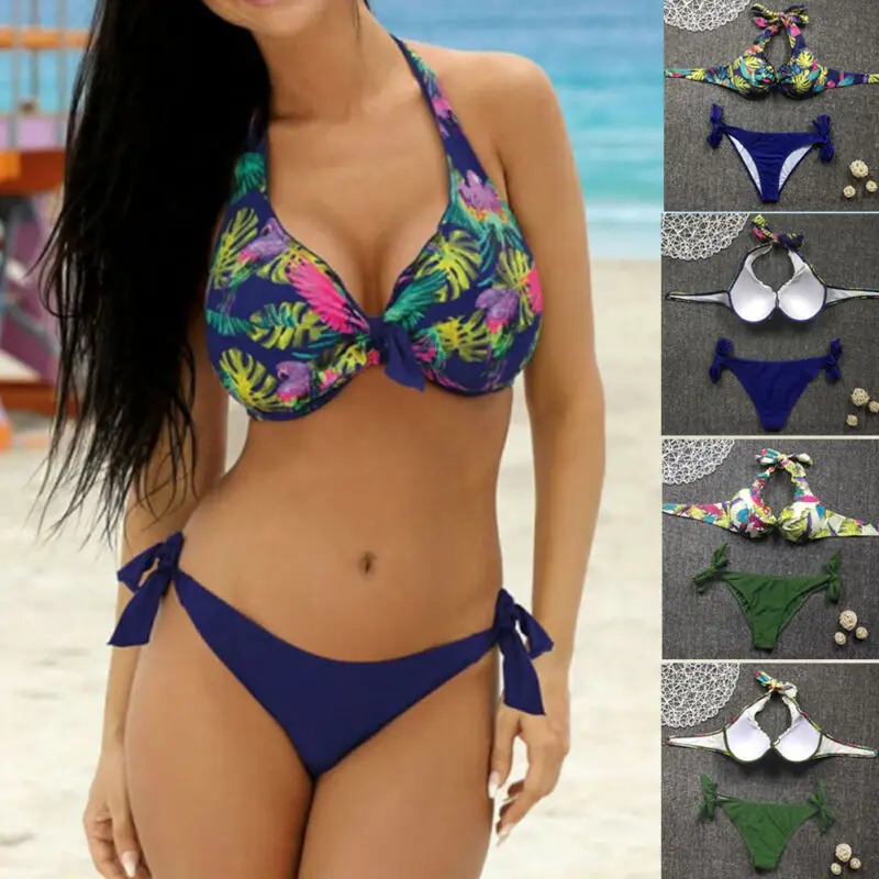 Женский купальник пуш ап с цветочным принтом бюстгальтер подкладкой комплект бикини бандаж пляжная одежда