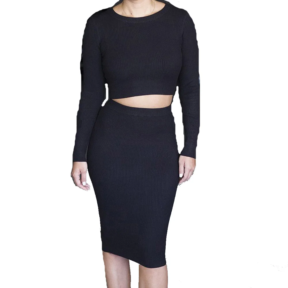 Женский комплект 2 шт. с длинным рукавом комплект: укороченный топ и юбка средней