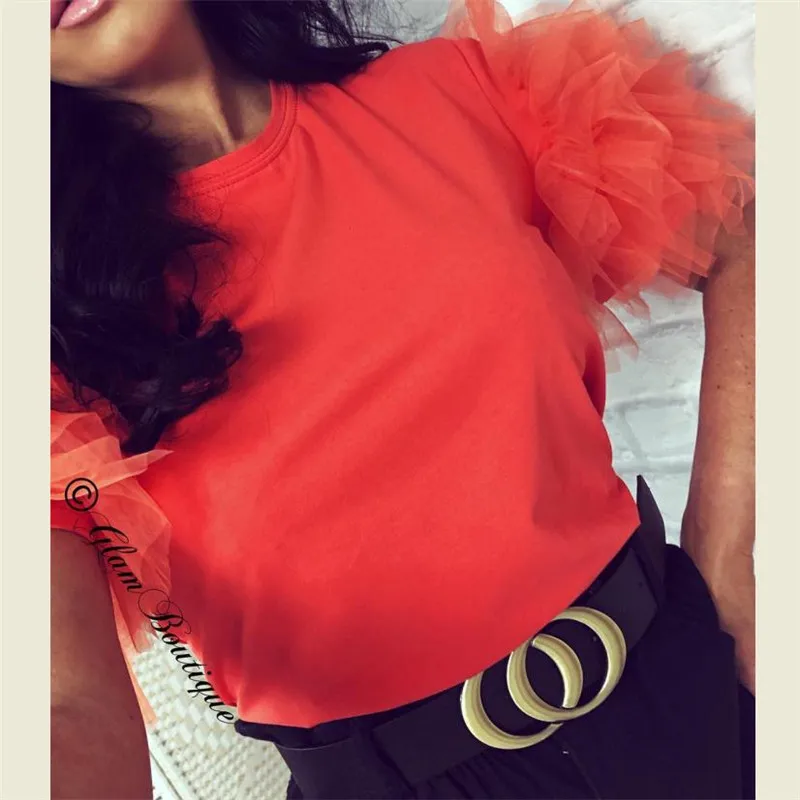 Модная женская летняя футболка топы Тюлевая Сетчатая с оборками и коротким
