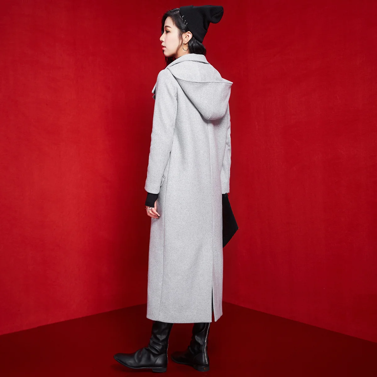 Женское длинное шерстяное пальто свободное теплое на молнии с капюшоном верхняя