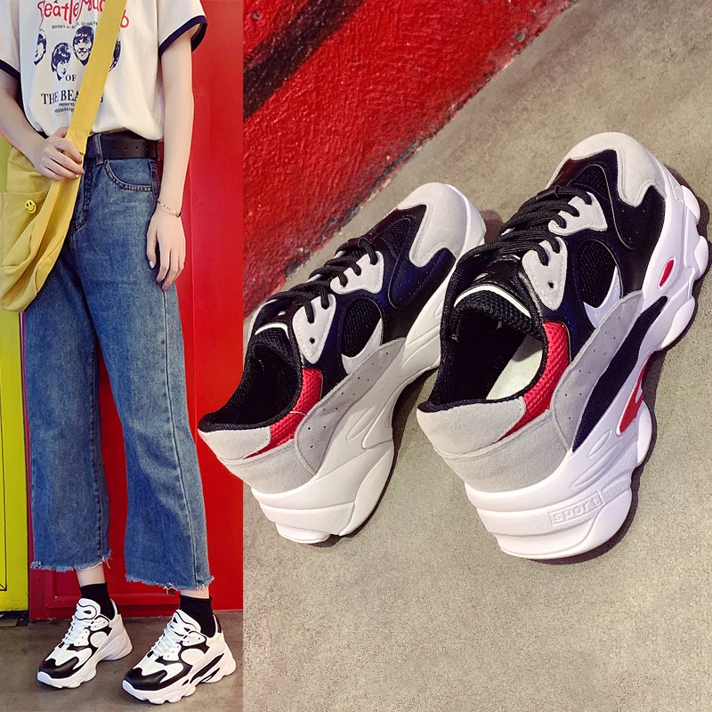 

New 2020 Autumn White Sneakers Women Thick Sole Chunky Platform Sneakers Lace-Up Casual Vulcanized Shoes Woman U13-38