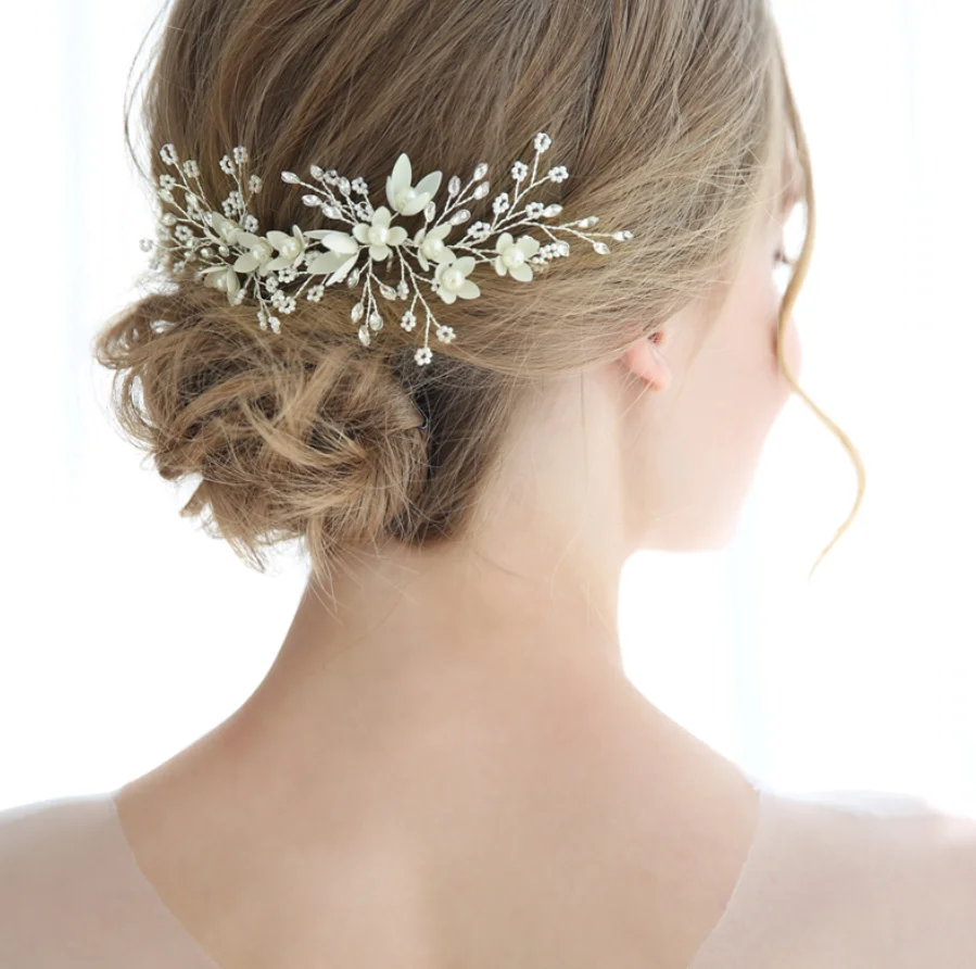 

Handmade rice beads white flowers bridal knot wedding hair accessories hair clip hairpin fashion jewelry (5pcs of free shipping)