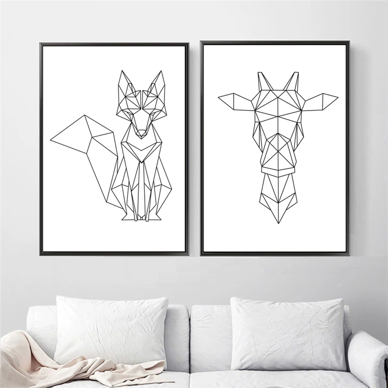 Минималистская черно-белая Геометрическая линия животных Олень Медведь волк