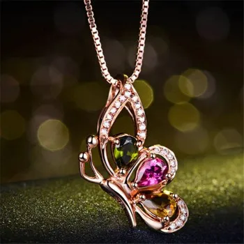 

Caibao Bow-shaped Pendant K-plated Rose Gold Butterfly Dance Color Drop Pendant Colorful Gem Drop-shaped Pendant JDZ800