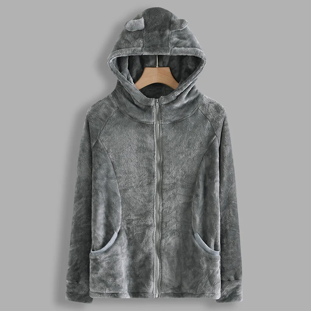 Осенне-зимние флисовые куртки с капюшоном женские повседневные однотонные
