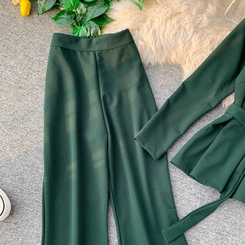 ALPHALMODA модный костюм с длинными рукавами пуловер пояс-кушак наряд+ расклешенные ноги дамы 2 шт брюки костюмы сплошной осенний комплект одежды