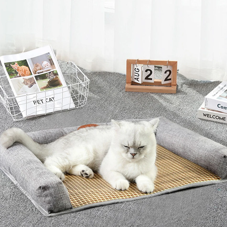 

Summer Dog Cat Bed Breathable Rattan Woven Mat High Resilience Sponge Non-Slip Wear-Resistant Easy Clean Not Deformed For Pet