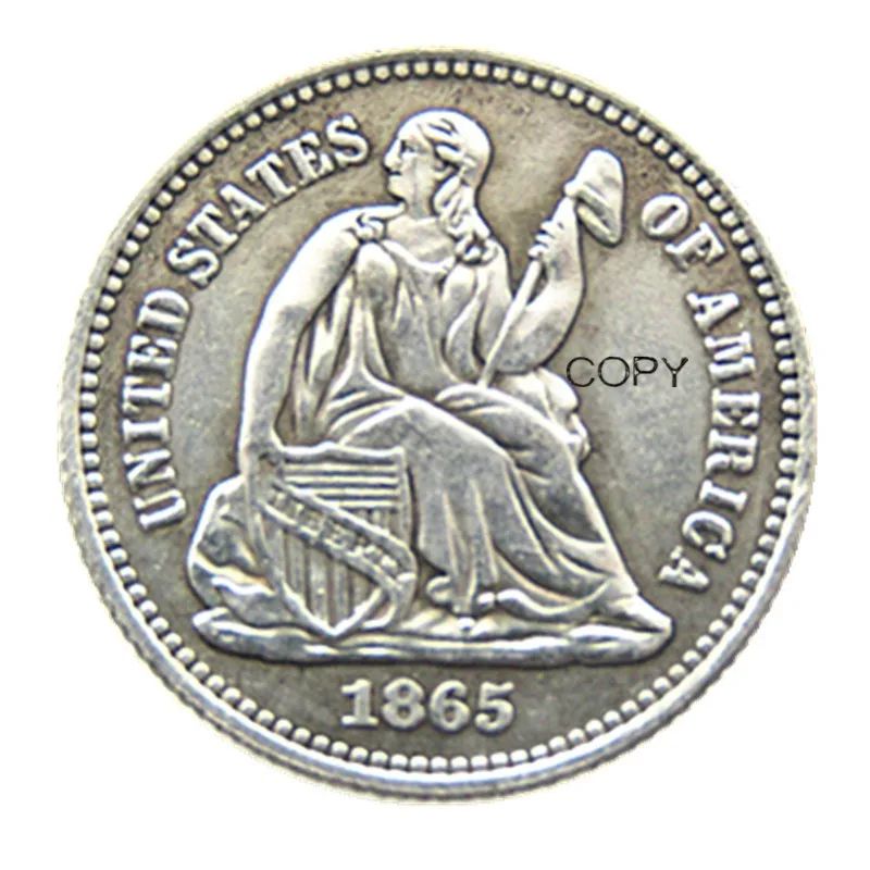 

США, 1865 шт./с (минтмарк ниже), свобода сидя, полуцент, легенда, противоположная копия монет