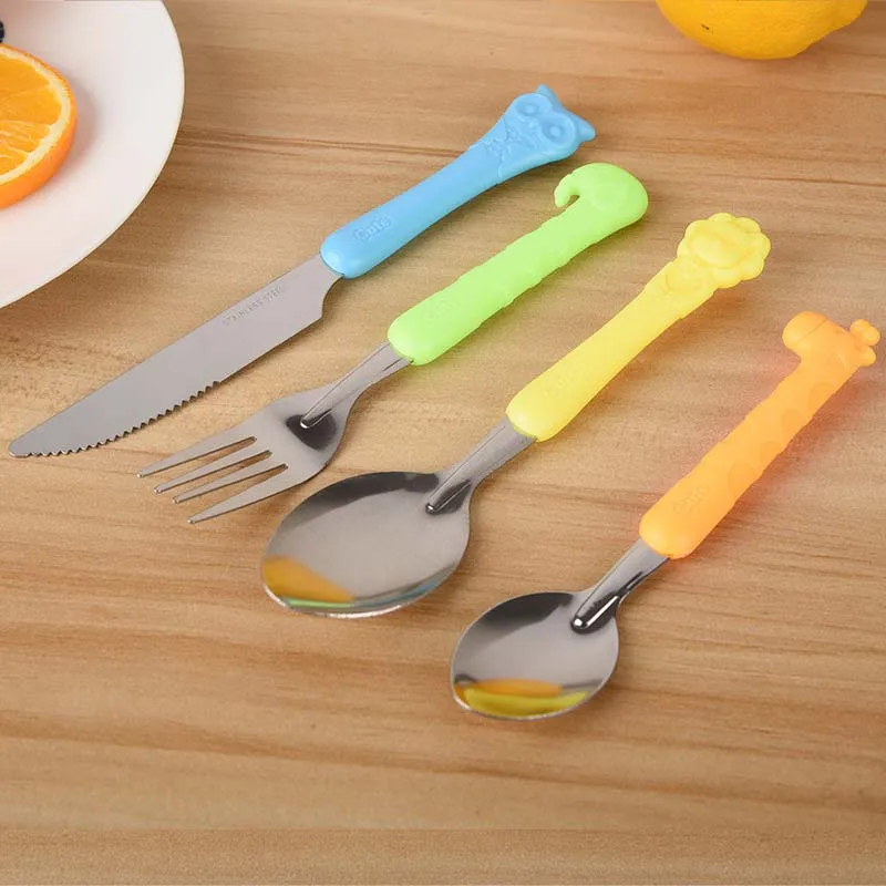 Baby Kids Tableware Cartoon Cutlery Set 4 Pcs Stainless Steel Child Feeding Dining Kid Feeder Utensil Spoon Fork Knife Kit | Дом и сад