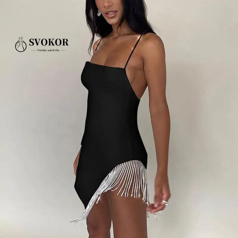 

SVOKOR Tassel Hem Glitter Dress Women Elegant Cross Strap Summer Dress Backless Mini Party Club Clothes Women Sexy Low Chest