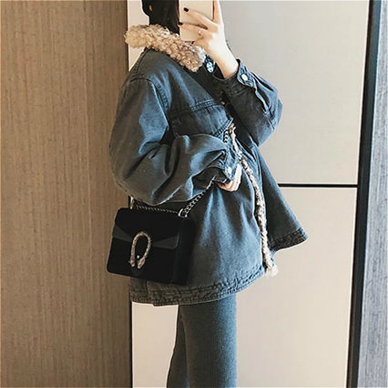 

Short Style Parkas Fashion Korean Lambswool Patchwork New Chic Thick Winter Denim Femme Outwear All-match Lady Parka Plus Velvet