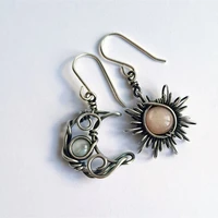 creative metal woven sun and moon inlaid moonstone earrings for women retro fashion charm party jewelry earrings accessories