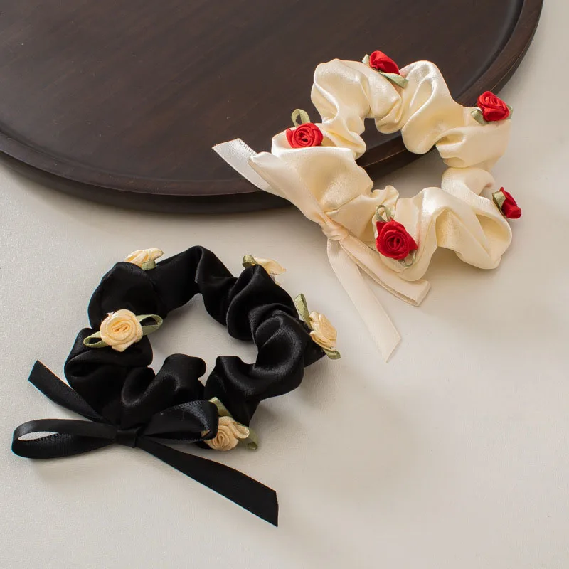 

Vintage Romantic Rose Flower French Hair Accessories Satin Hair Tie Stretch Hair Scrunchies Headdress