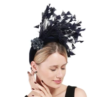 princess cocktail thick headbands feather fascinator new navy women gorgeous headwear with brooch decor fashion hair accessories