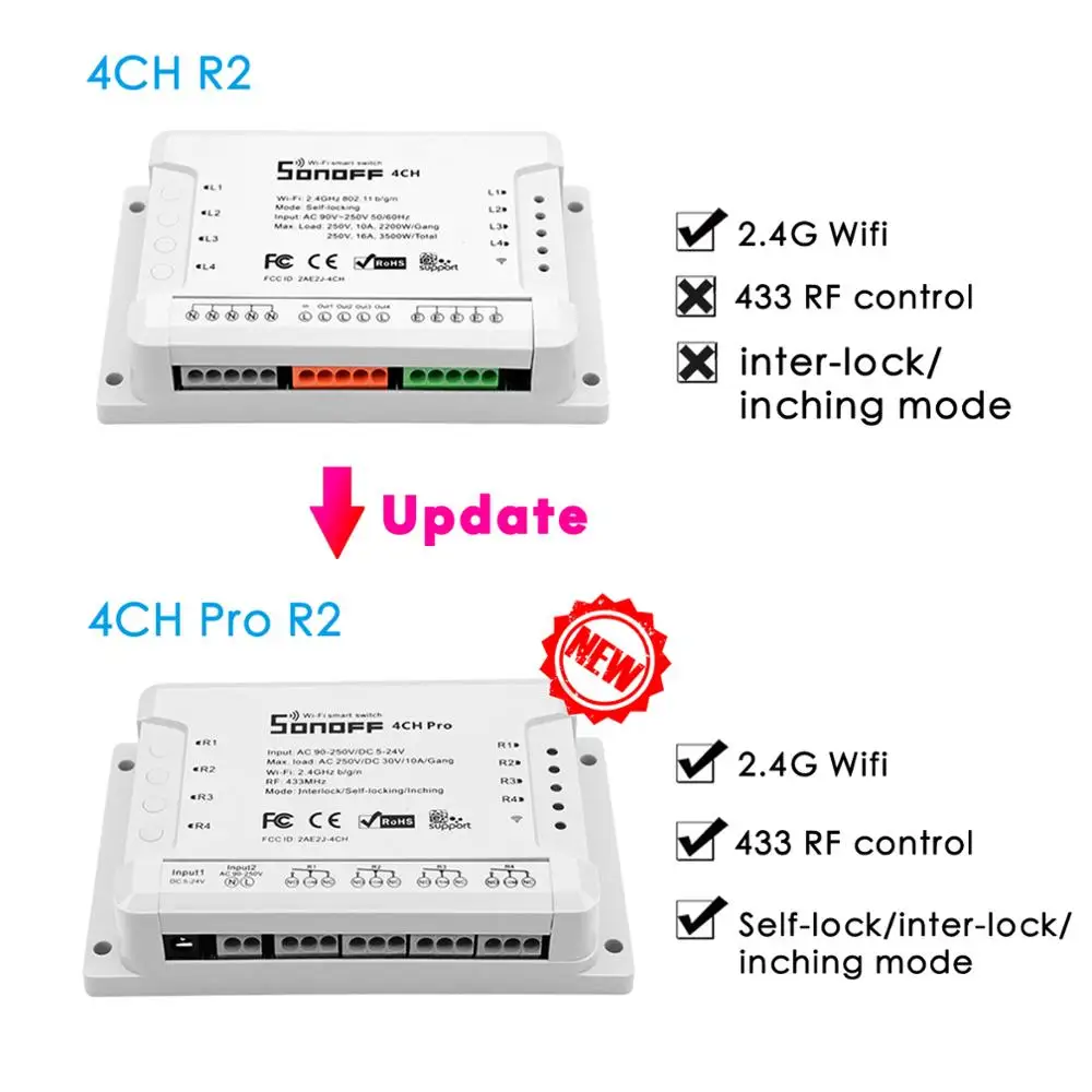 Sonoff 4CH Pro R2 умный Wi-Fi релейный модуль переключателя 4 канала Ewelink Голосовое управление с Alexa Google home 433 RF Wifi светильник переключатель