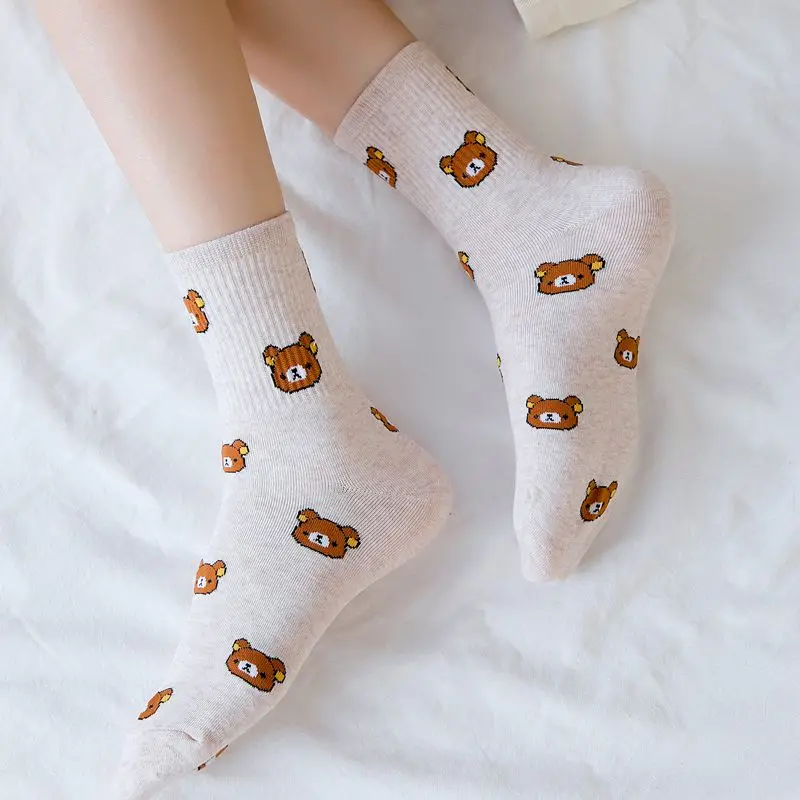 Милые женские носки модные Kawai из чесаного хлопка с забавным медведем 5 цветов