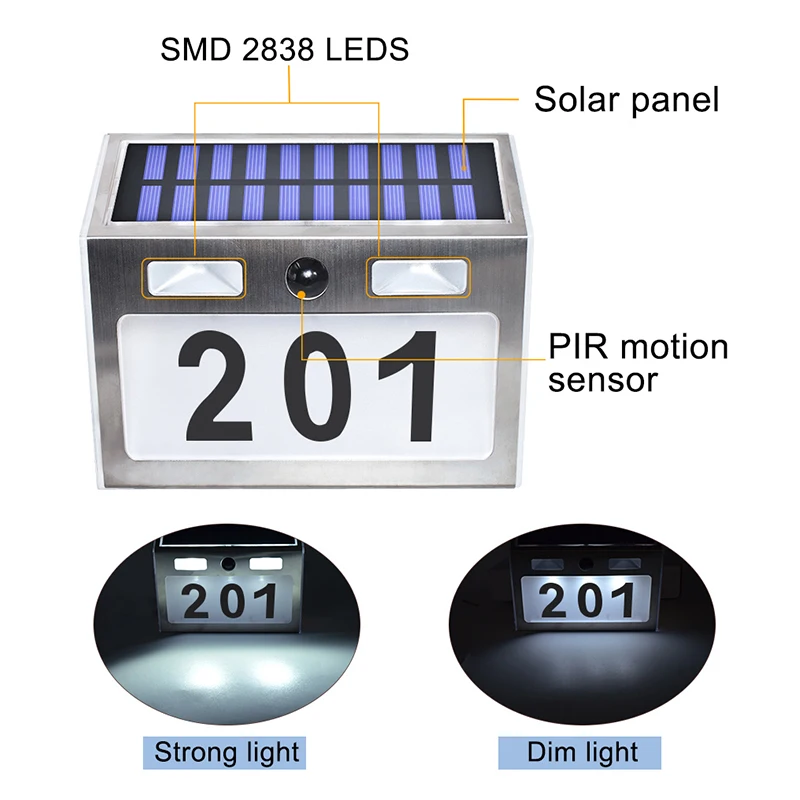 Solar Powered LED House Address Number Stainless Steel Doorplate Light With Motion Sensor For Garden Home Yard Door | Лампы и