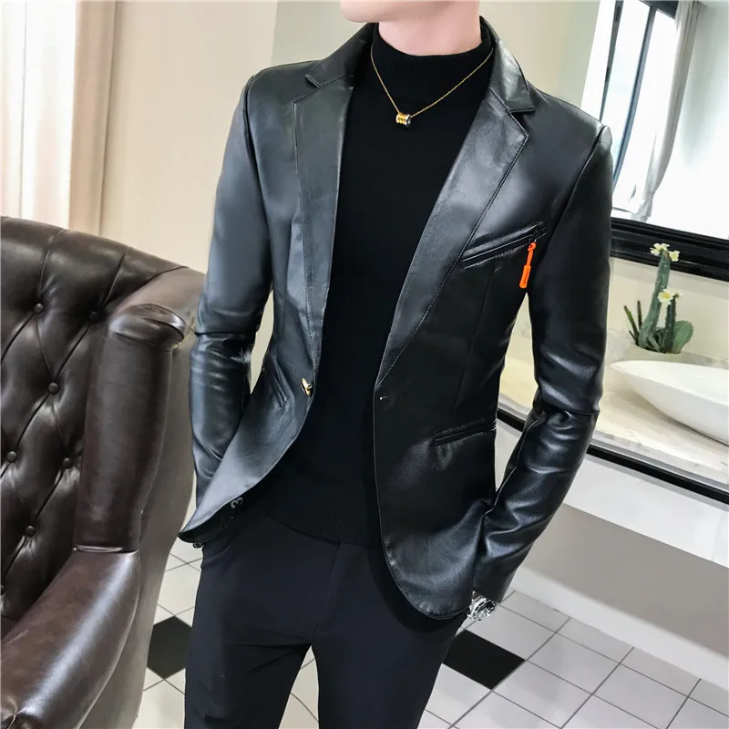 Искусственная кожа костюм куртка для мужчин Корейский тренд Slim Fit короткое пальто белый красный черный мода уличная Блейзер Куртки Мужской Лидер продаж