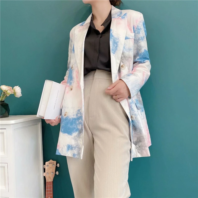 

TMODA598 Za Women 2021 Fashion Double Breasted Tie-dye Blazers Coat Vintage Long Sleeve Pockets Female Outerwear Chic Tops